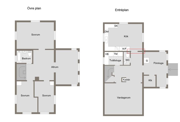 Planritning av ett hus med markerad icke-bärande vägg och balkplacering i vardagsrummet.