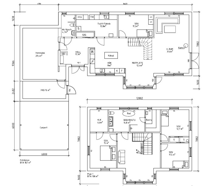 Arkitektritning av ett enfamiljshus med två våningsplan och måttangivelser.