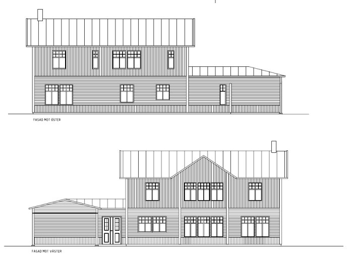 Arkitektritningar av en tvåvåningshusets fasader mot öster och väster.