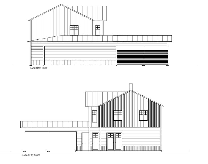 Arkitektritningar över husets norra och södra fasad inför bygglovsansökan.