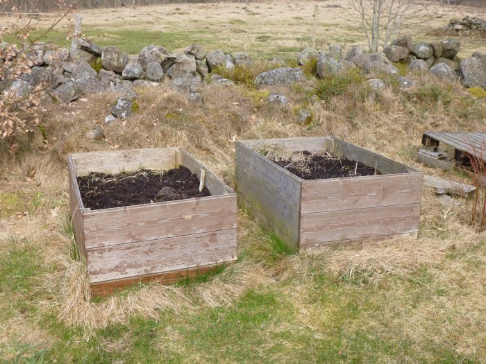 Två hemmagjorda träodlingslådor med jord på en gräsmatta med stenmur i bakgrunden.