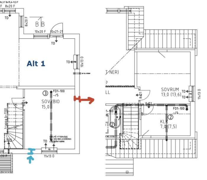 Ritning av ett biorum med förslag Alt 1 för ventilation, markerat med röd pil och blå tilluftventiler.