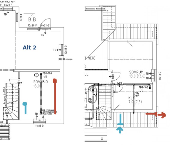 Ritningsdiagram över ventilationssystemet i ett biorum, med markerade tillufts- och frånluftsflöden.