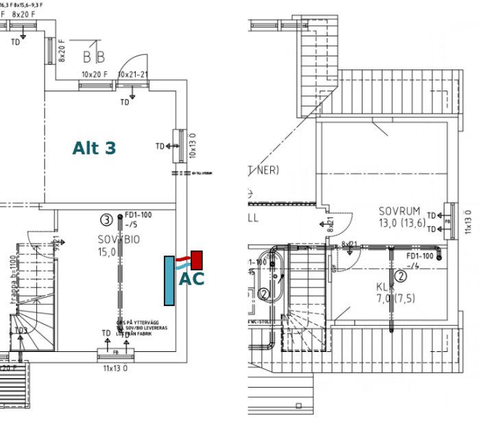 Arkitektonisk ritning av ett hemmabio rum med alternativa AC-installationer markerade.