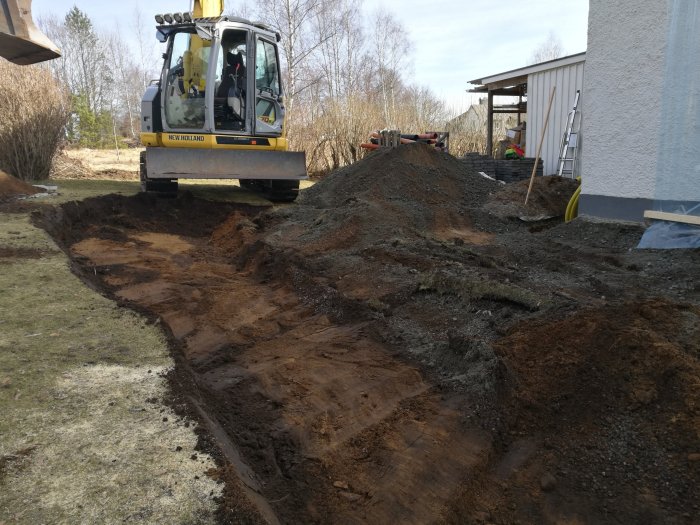 Grävmaskin i arbete med utgrävning för en ny uteplats vid en husgrund.