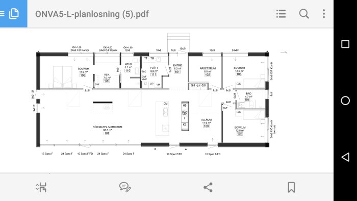 Planlösning för 77m2 hus med sovrum, kök/vardagsrum, badrum och entré, öppen för säkerhetskonfigurationsförslag.