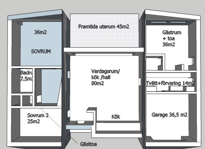 Skiss av ett planerat bostadshus med uthyrningsdel, sovrum och framtida uterum.