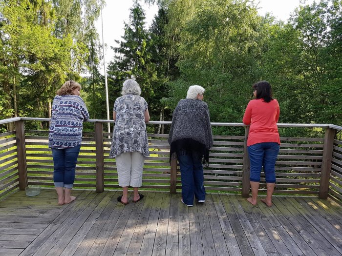 Fyra personer står och tittar ut över naturen från en träaltan, behöver bekväma stolar till utrymmet.