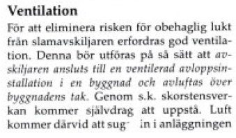 Utdrag ur en text som förklarar syftet med ventilation för att eliminera lukt från slamavskiljare genom självdrag i byggnaders avloppsanläggningar.