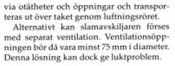 Textutdrag som förklarar ventilation av slamavskiljare och dess funktion för att minska luktproblem, från en handbok.