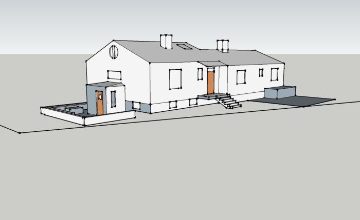 Illustration av ett hus med en utvändig källartrappa och tamburutbyggnad för diskussion om placering och design.