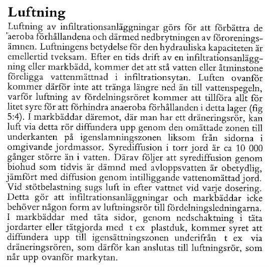 En sida ur Naturvårdsverkets publikation med text om luftning av avloppsvatteninfiltration för förbättrad nedbrytning.