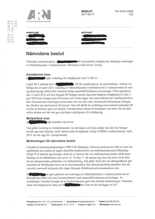 Dokument från Allmänna reklamationsnämnden om beslut gällande isolering av frånluftskanaler.