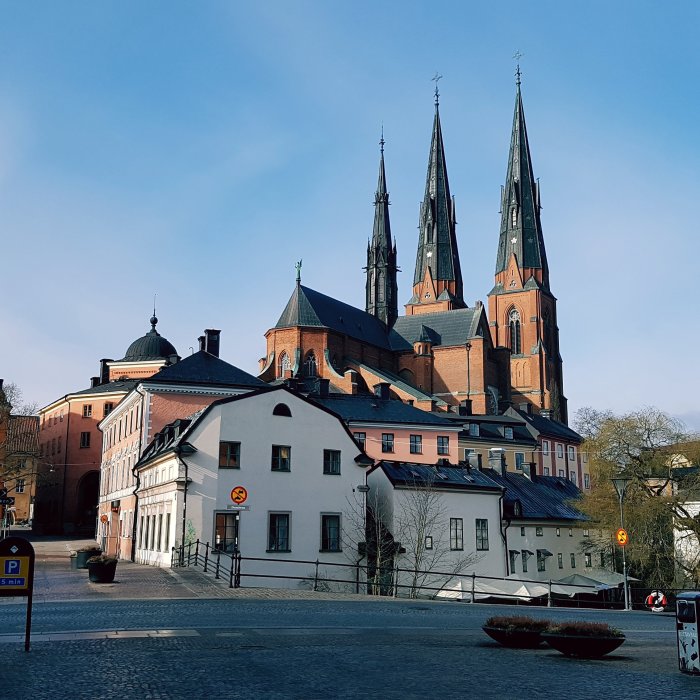 Morgonsol över Uppsala med utsikt mot Domkyrkan och traditionella byggnader.