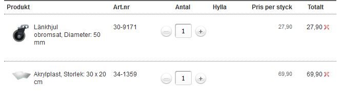 Skärmdump av två beställda byggprodukter: ett länkhjul och en akrylplastskiva med priser och artikelnr.