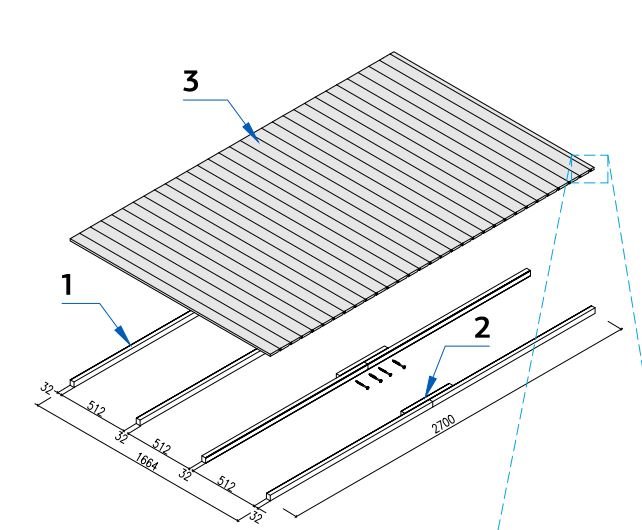 Exploded view ritning av en bods golvkonstruktion visande golvreglar, golvbrädor och dimensioner.