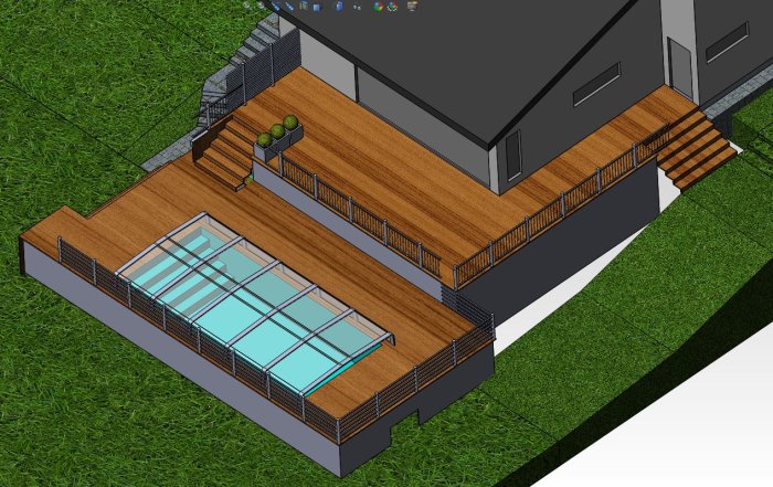 3D-visualisering av renoverad baksida med stor träaltan och inbyggd pool.