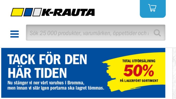 Reklambild för utförsäljning med texten "TACK FÖR DEN HÄR TIDEN" och "50% på lagerfört sortiment".