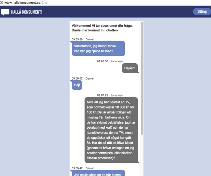 Skärmdump av konversation med konsumentrådgivning angående rättigheten att häva ett felprisat köp.