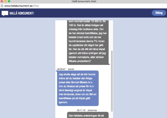 Skärmdump av en chattkonversation på hallakonsument.se om en felaktigt prissatt TV och rätten att häva köpet.