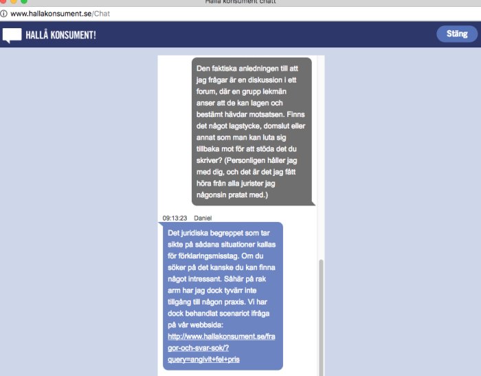 Skärmdump av chattkonversation med Hallå Konsument rådgivningstjänst om ett juridiskt ärende.