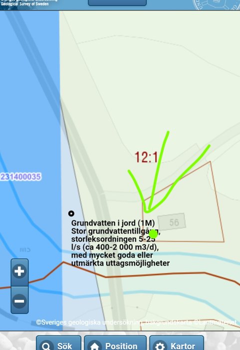 Skärmdump av SGU:s grundvattenkarta med markering av grundvattentillgång och jordart på en användares tomt.