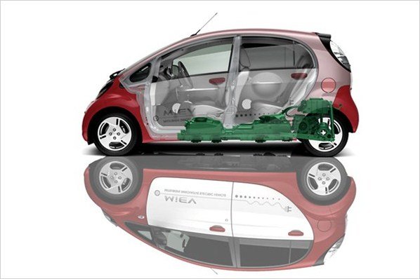 Genomskinlig illustration av en Mitsubishi I-Miev som visar placeringen av de gröna elbilsbatterierna.
