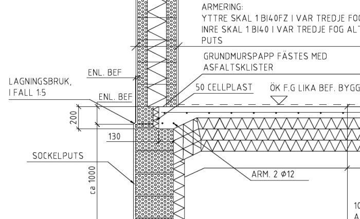 Konstruktionsritning för grund med markplatta, isoleca och sockelputs.