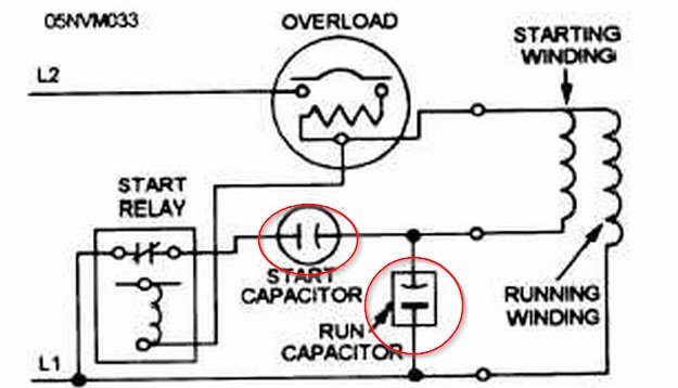 Schematisk bild av kopplingsschema för kompressor med markerade start- och driftkondensatorer.