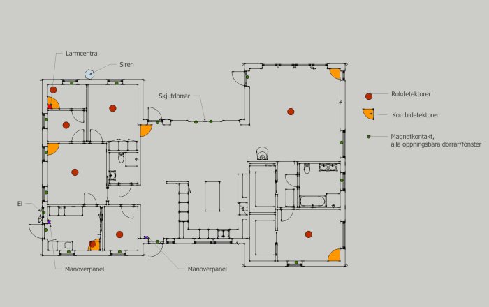 Planritning över ett hus med angivna platser för larmcentral, sirener, rökdetektorer, kombidetektorer och magnetsensorer för dörrar/fönster.