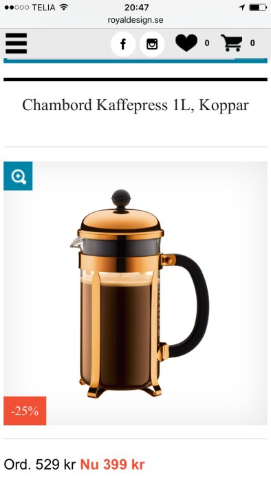 Kopparkafepress Chambord 1L med svart handtag och lock, på rea för 399 SEK.