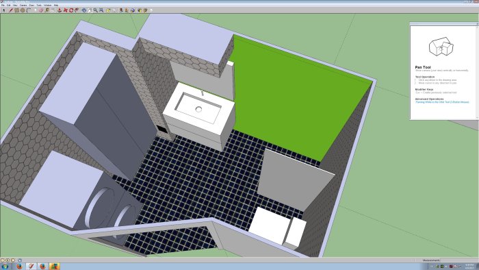 3D-modell av ett planerat badrumsrenoveringsprojekt med väggplacerade rör och möbler.