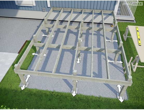 3D-modell av en ny konstruktion för en altan med bärlinor och stolpar över grusbädd.