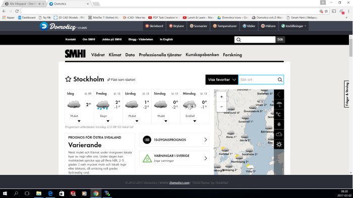 Skärmdump av Domoticz-gränssnittet med integrerad SMHI väderkarta för Stockholm.