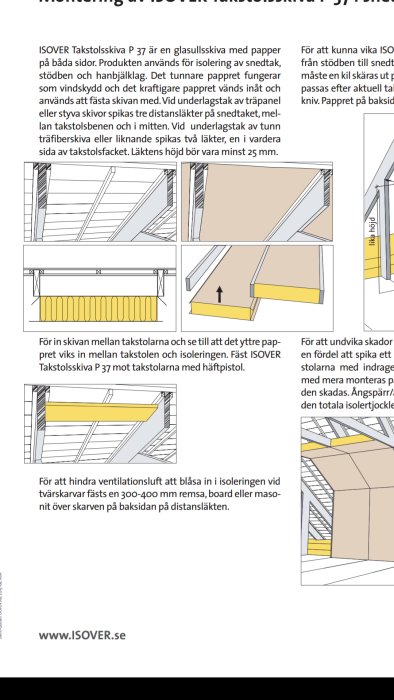 Illustration av installation av ISOVER takisoleringsskivor med pappersbarriär och detaljer för ventilation och skarvning.