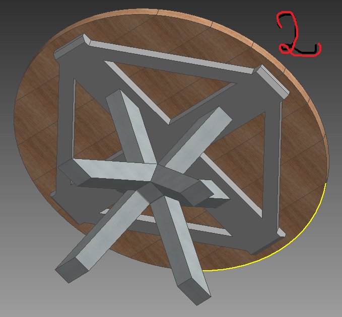 3D-modell av ett bord med numrerat konstruktionsförslag och korsade stödben.