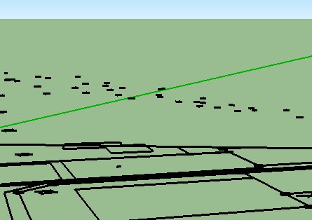 3D-modell i Sketchup med markeringar för höjdpunkter och suddiga lager från en DWG-fil.