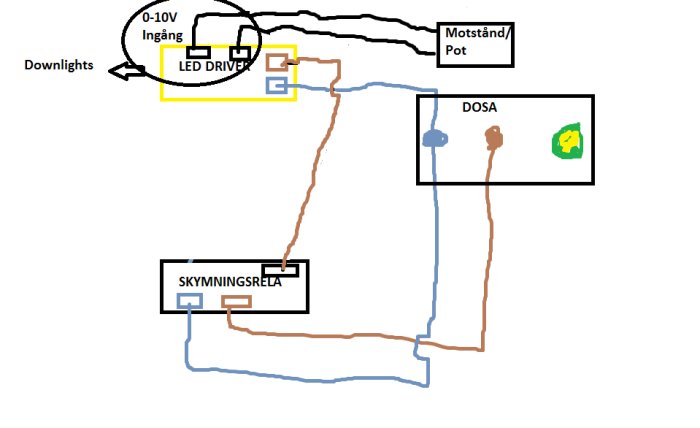 Handritad elschema för anslutning av downlights med LED-driver, potentiometer/motstånd och skymningsrelä.