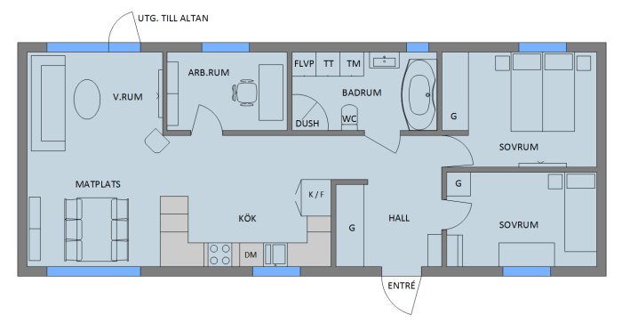 Ritning av ett hus med kök, sovrum och badrum, med diskussion om köksutformning och värmesystem.