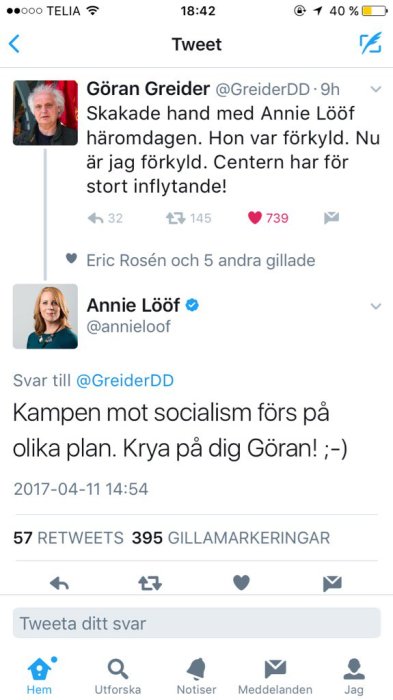 Skärmdump av Twitter-konversation mellan användare om förkylning och politisk kamp.