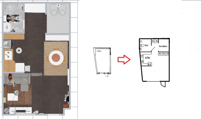 Skiss av lägenhetsombyggnad från lokal med planlösning och möblering.