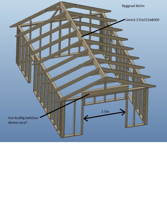 3D-modell av trägarage med ryggåstak, angiven storlek limträbalk och fråga om dimensioner för bärighet.