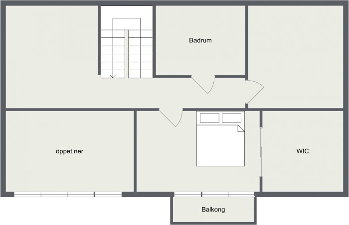 Arkitektonisk ritning av en lägenhet med badrum, balkong, WIC och öppet ner plan.