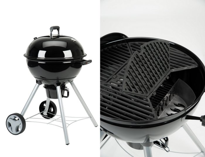 Schwarze Landmann Kepler 600 Klotgrill komplett und offen mit Gussrost und Temperaturmesser.