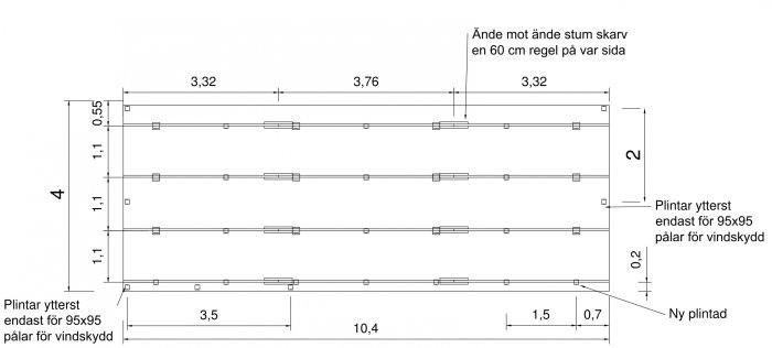 Teknisk ritning av bärlina med måttangivelser, skarvar och plintar för konstruktion av vindskydd.