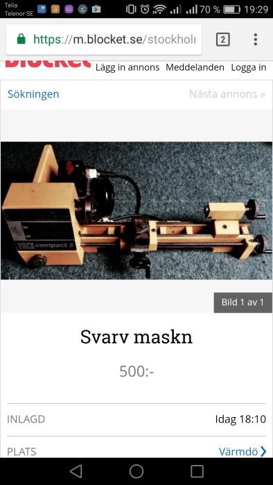 Begagnad svarvmaskin av märket Emco Compact 5 till salu för 500 kr, saknar kåpa på vänster sida.