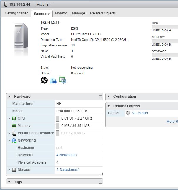 Skärmdump av HP ProLiant DL360 G6 serverns status i VMware ESXi-gränssnittet, visar processor- och minnesinformation.