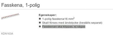 Bild på produktdetaljer för en 1-polig fasskena inklusive specifikationer som indikerar att den ska klippas, inte sågas.