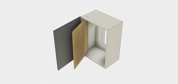 3D-renderad bild av ett öppet Ikea väggskåp med CNC-fräst mönster för kabelgenomföring.