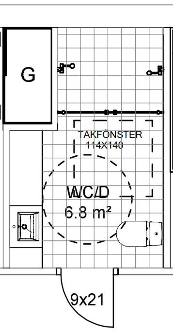 Ritning över badrum med takfönster planerat ovanför en duschyta, betecknat "TAKFÖNSTER" och med mått.